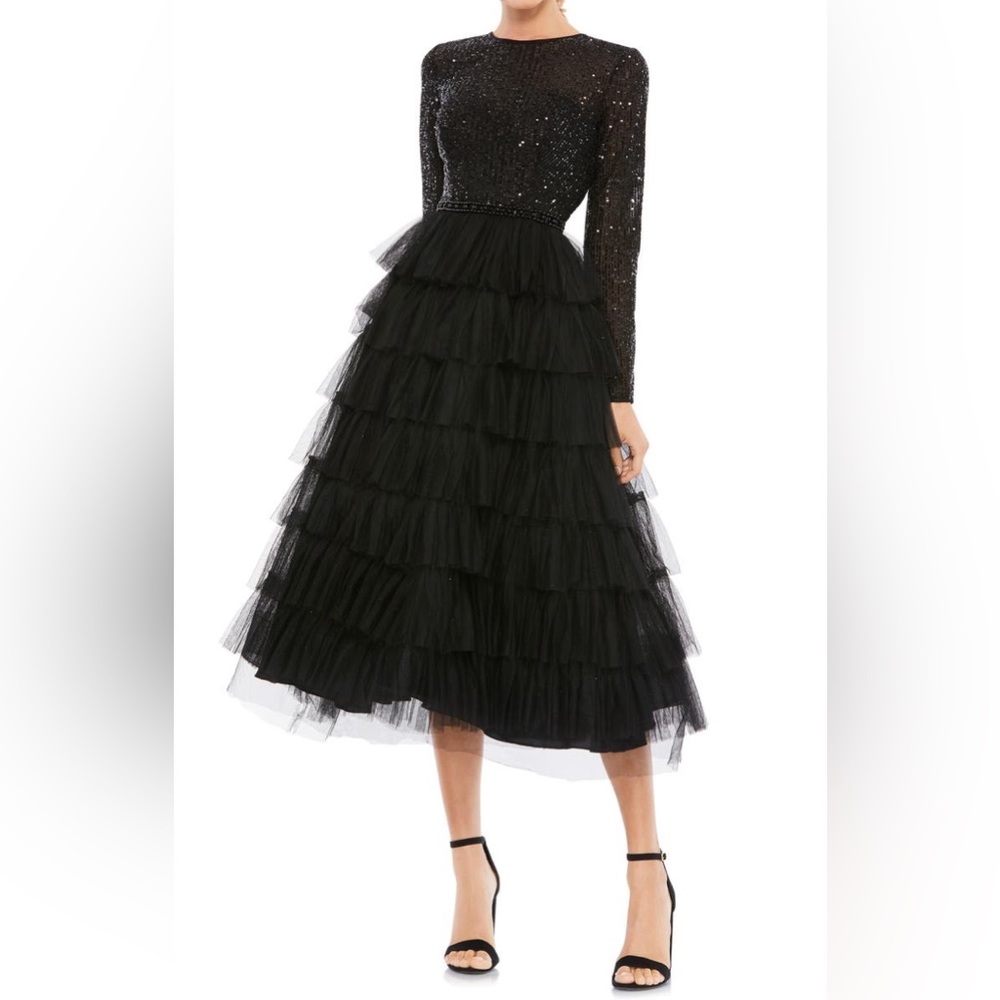 Ieena for Mac Duggal Sequin Bodice Long-Sleeve Ruffle Tiered Midi dress